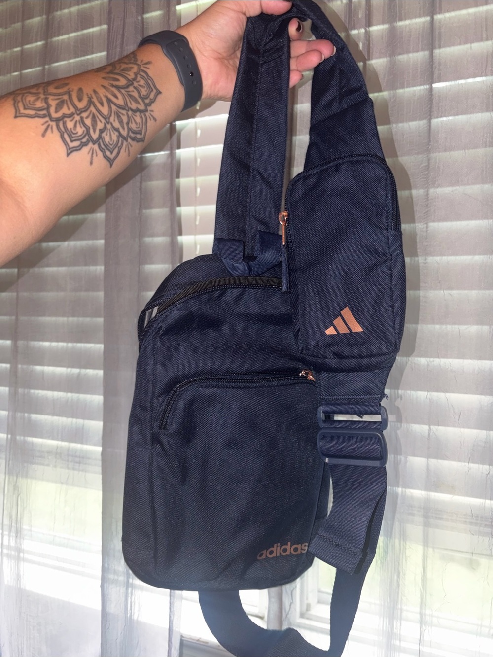 adidas Black Sling Belt Bag with Rose-Gold Accents